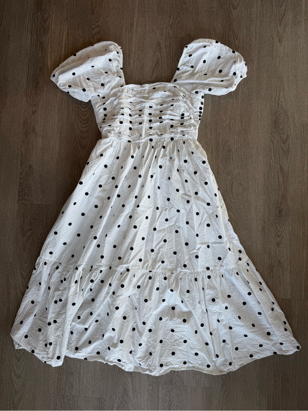 Japna White Black Polka Dot Puff Sleeve Midi Dress Size M Cotton Smocked Tiered